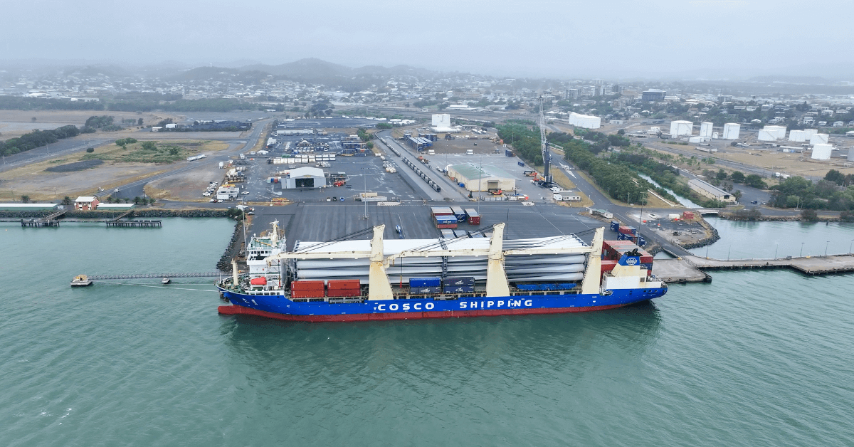 The first shipment turbine components for the Lotus Creek Wind Farm has been unloaded at the Port of Gladstone
