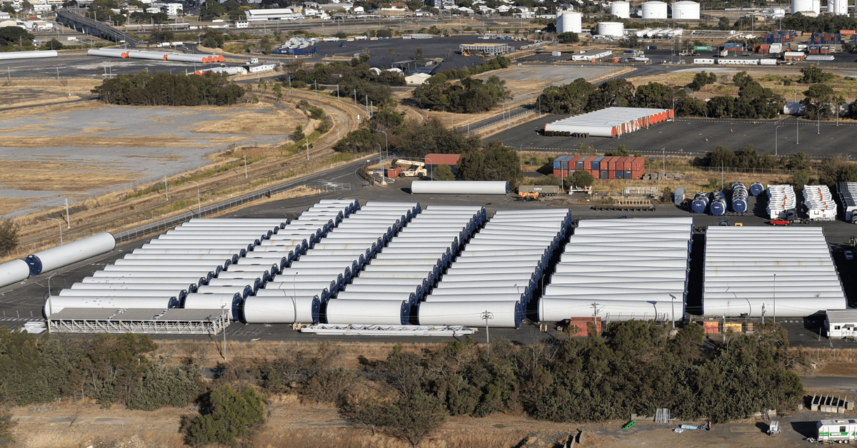 Vestas tower sections at Port of Gladstone Lotus creek Wind Farm